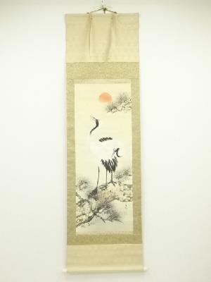 永邦筆　松上鶴之図　肉筆絹本掛軸（共箱）